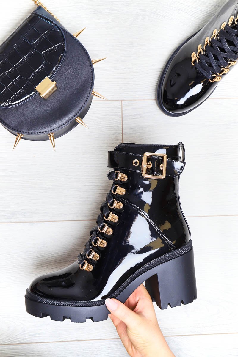Black Patent Gold Detail Heeled Military Boot - Abela-Boots