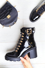 Black Patent Gold Detail Heeled Military Boot - Abela-Boots