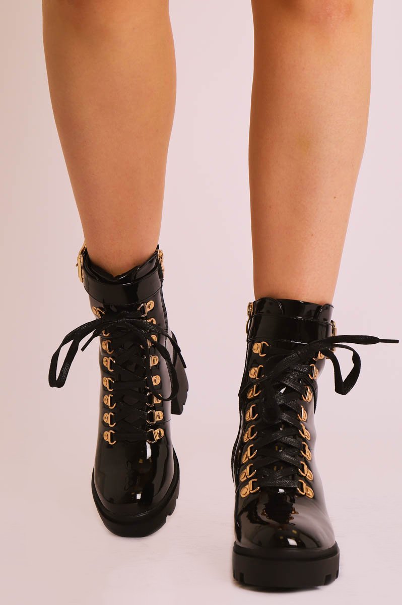 Black Patent Gold Detail Heeled Military Boot - Abela-Boots