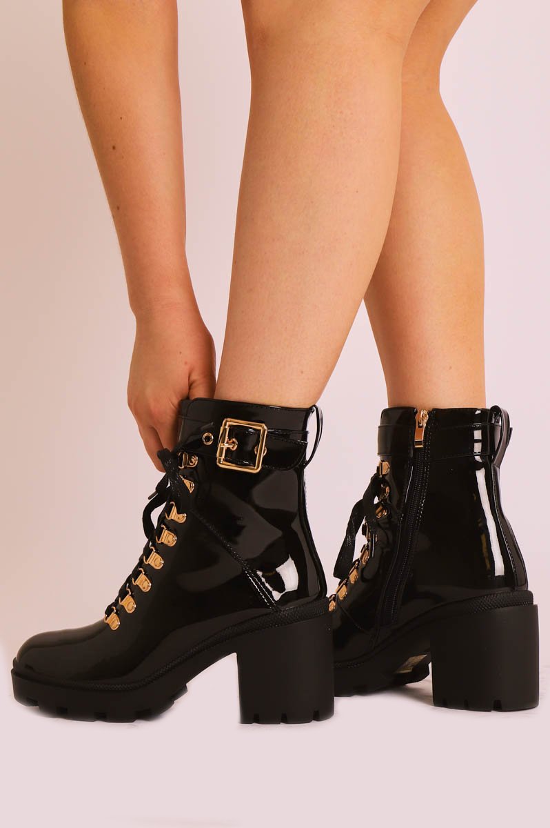 Black Patent Gold Detail Heeled Military Boot - Abela-Boots