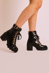 Black Patent Gold Detail Heeled Military Boot - Abela-Boots