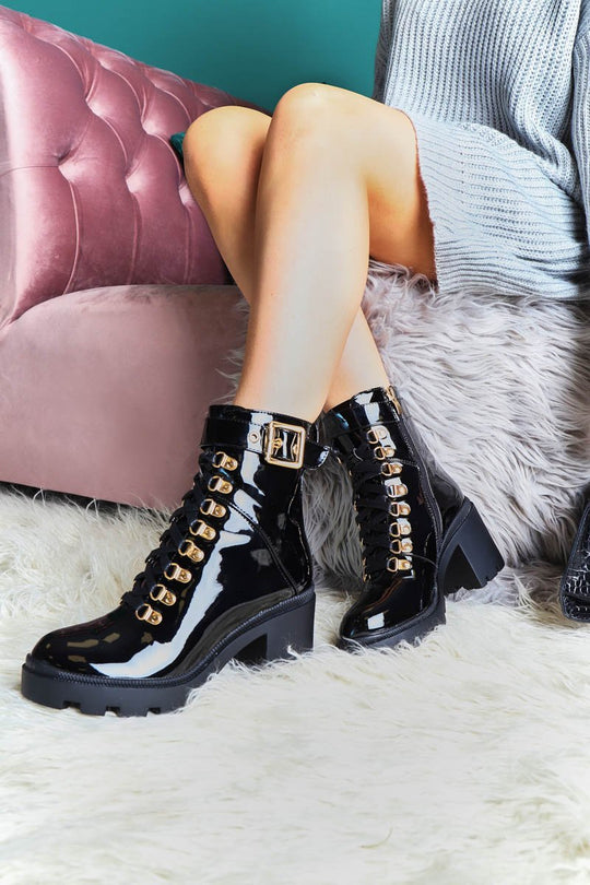 Black Patent Gold Detail Heeled Military Boot - Abela