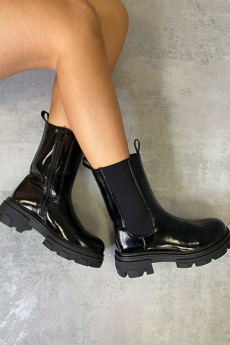 Black Patent High Chelsea Boot - Kittie-Boots
