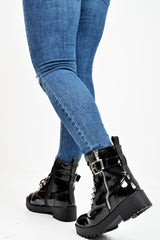 Black Patent Lace Up Buckle Detail Biker Boots - Novah-Boots