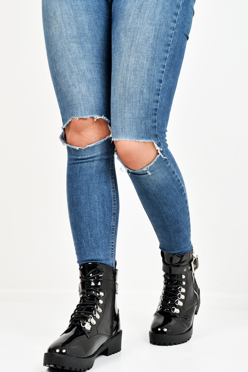 Black Patent Lace Up Buckle Detail Biker Boots - Novah-Boots
