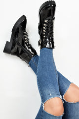 Black Patent Lace Up Buckle Detail Biker Boots - Novah-Boots