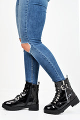 Black Patent Lace Up Buckle Detail Biker Boots - Novah-Boots