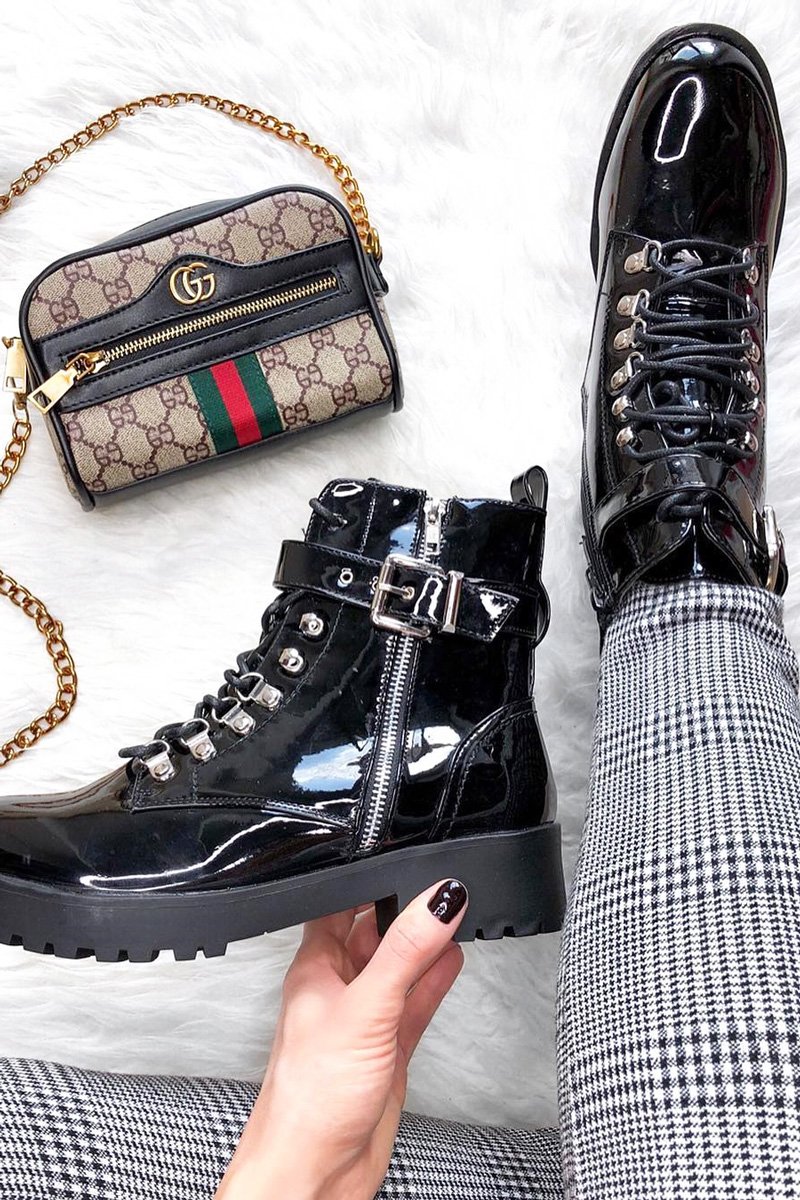 Black Patent Lace Up Buckle Detail Biker Boots - Novah-Boots