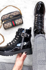 Black Patent Lace Up Buckle Detail Biker Boots - Novah-Boots