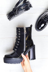 Black Patent Lace Up Heeled Boots - Faelyn-Boots