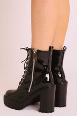 Black Patent Lace Up Heeled Boots - Faelyn-Boots