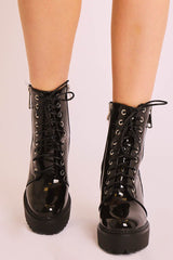 Black Patent Lace Up Heeled Boots - Faelyn-Boots