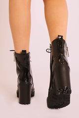 Black Patent Lace Up Heeled Boots - Faelyn-Boots