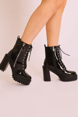Black Patent Lace Up Heeled Boots - Faelyn-Boots