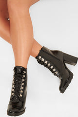 Black Patent Lace Up Heeled Boots - Jalea-Boots