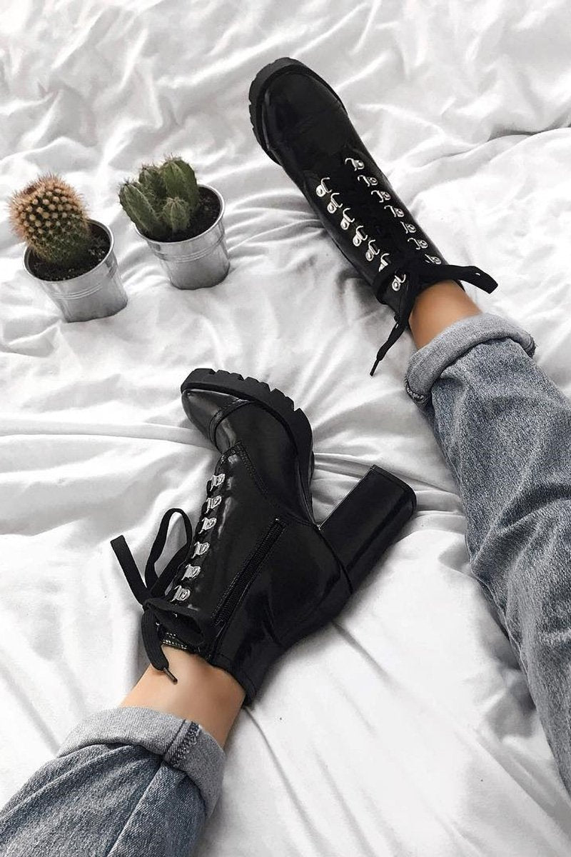 Black Patent Lace Up Heeled Boots - Jalea-Boots