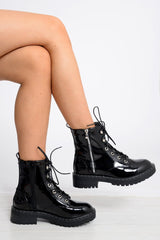 Black Patent Lace Up Zip Ankle Boots -shiri-Shoes