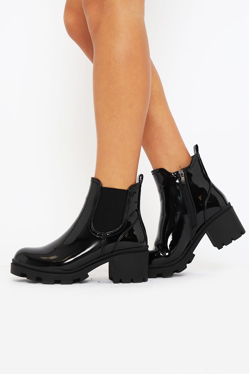 Black Patent Leather Chunky Heeled Chelsea Boots - May-Boots