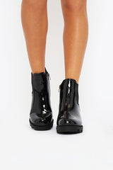 Black Patent Leather Chunky Heeled Chelsea Boots - May-Boots