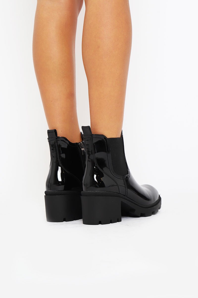 Black Patent Leather Chunky Heeled Chelsea Boots - May-Boots