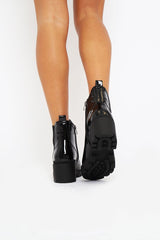 Black Patent Leather Chunky Heeled Chelsea Boots - May-Boots