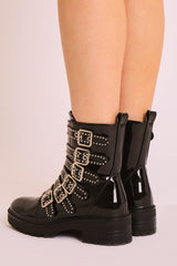 Black Patent Leather Stud Buckle Strap Ankle Boots - Lelani-Boots