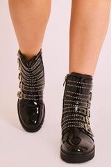 Black Patent Leather Stud Buckle Strap Ankle Boots - Lelani-Boots