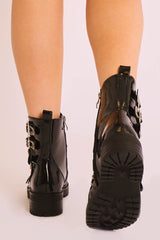 Black Patent Leather Stud Buckle Strap Ankle Boots - Lelani-Boots