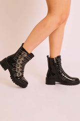 Black Patent Leather Stud Buckle Strap Ankle Boots - Lelani-Boots