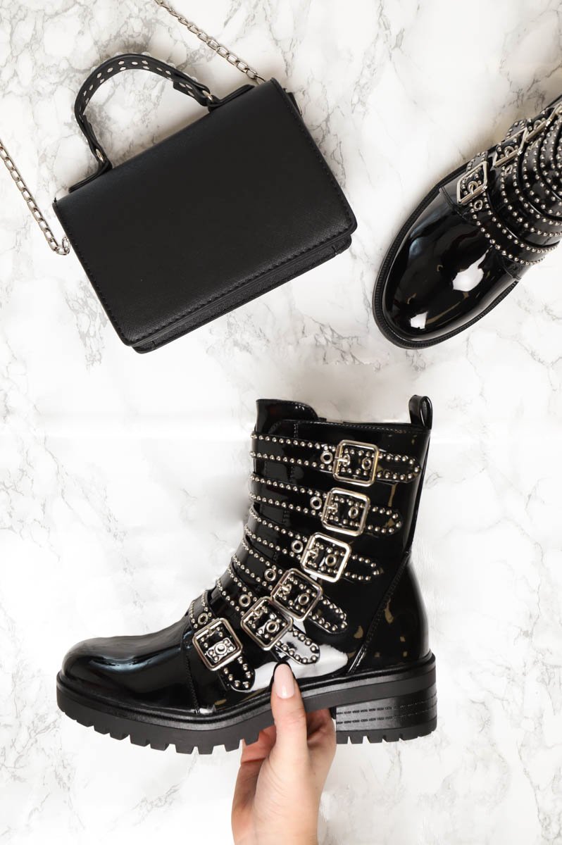 Black Patent Leather Stud Buckle Strap Ankle Boots - Lelani-Boots