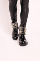 Black Patent Spike and Stud Military Boots - Evalina-Boots