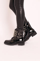 Black Patent Spike and Stud Military Boots - Evalina-Boots