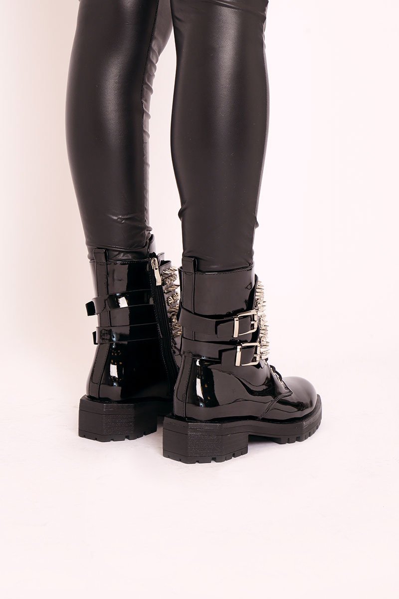 Black Patent Spike and Stud Military Boots - Evalina-Boots