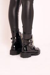 Black Patent Spike and Stud Military Boots - Evalina-Boots