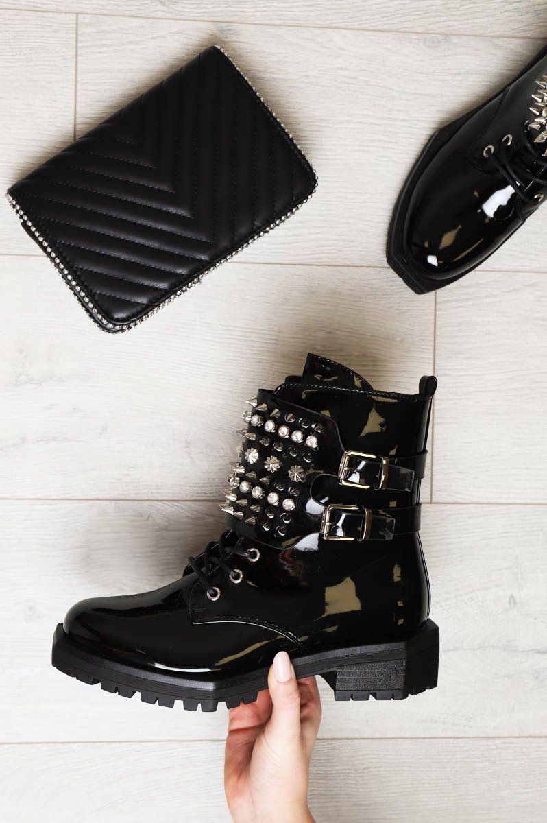 Black Patent Spike and Stud Military Boots - Evalina-Boots