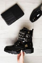 Black Patent Spike and Stud Military Boots - Evalina-Boots