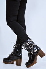 Black Patent Stud Buckle Detail Chunky Heeled Boots - Isra-Boots