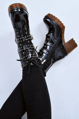 Black Patent Stud Buckle Detail Chunky Heeled Boots - Isra-Boots
