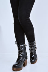 Black Patent Stud Buckle Detail Chunky Heeled Boots - Isra-Boots