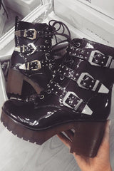 Black Patent Stud Buckle Detail Chunky Heeled Boots - Isra-Boots