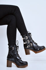 Black Patent Stud Buckle Detail Chunky Heeled Boots - Isra-Boots