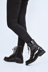 Black Patent Stud Detail Biker Boots - Meia-Boots