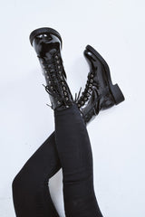 Black Patent Stud Detail Biker Boots - Meia-Boots