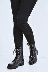 Black Patent Stud Detail Biker Boots - Meia-Boots