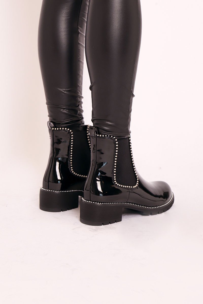 Black Patent Stud Trim Chelsea Boots - Spencer-Boots