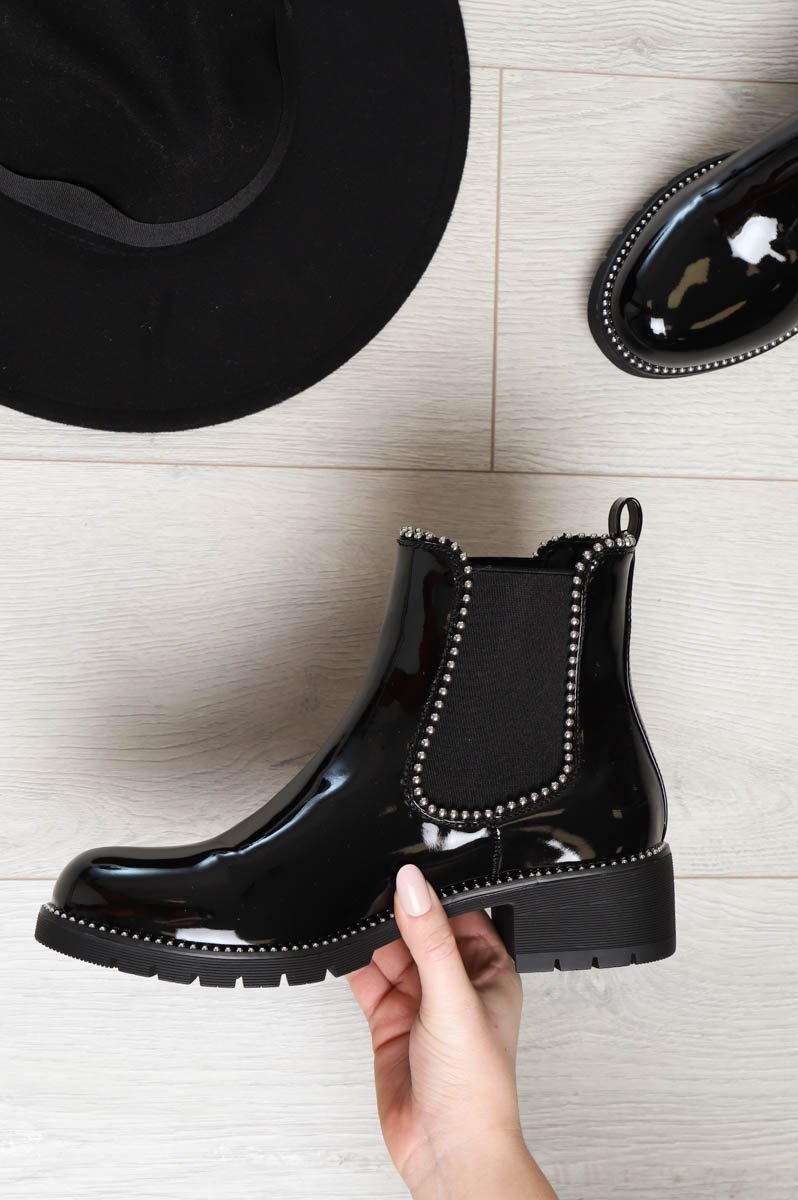 Black Patent Stud Trim Chelsea Boots - Spencer-Boots