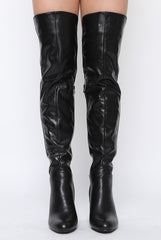 Black Patent Suede Panel Heeled Over The Knee Boots - Katerina-Boots
