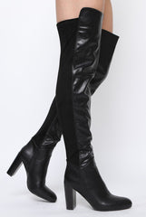 Black Patent Suede Panel Heeled Over The Knee Boots - Katerina-Boots