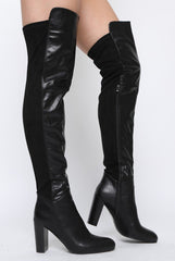 Black Patent Suede Panel Heeled Over The Knee Boots - Katerina-Boots