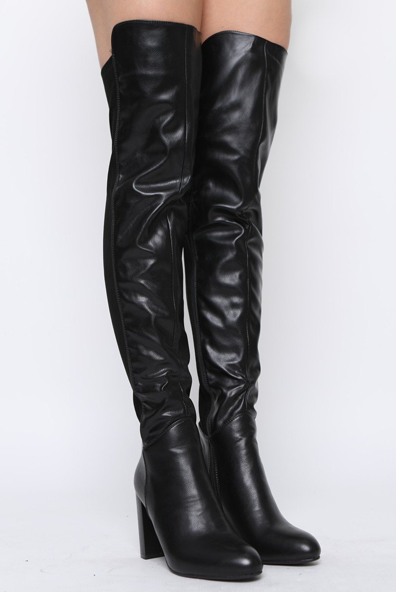 Black Patent Suede Panel Heeled Over The Knee Boots - Katerina-Boots